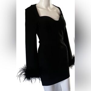 Black,low plunge evening dress,long sleeve w/ feathers.Medium stretchy material.